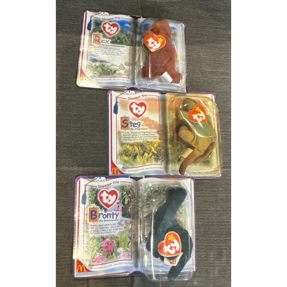 Mcdonald's Beanie Baby Dinosaur Trio Complete Set Rex Steg Bronty NIP